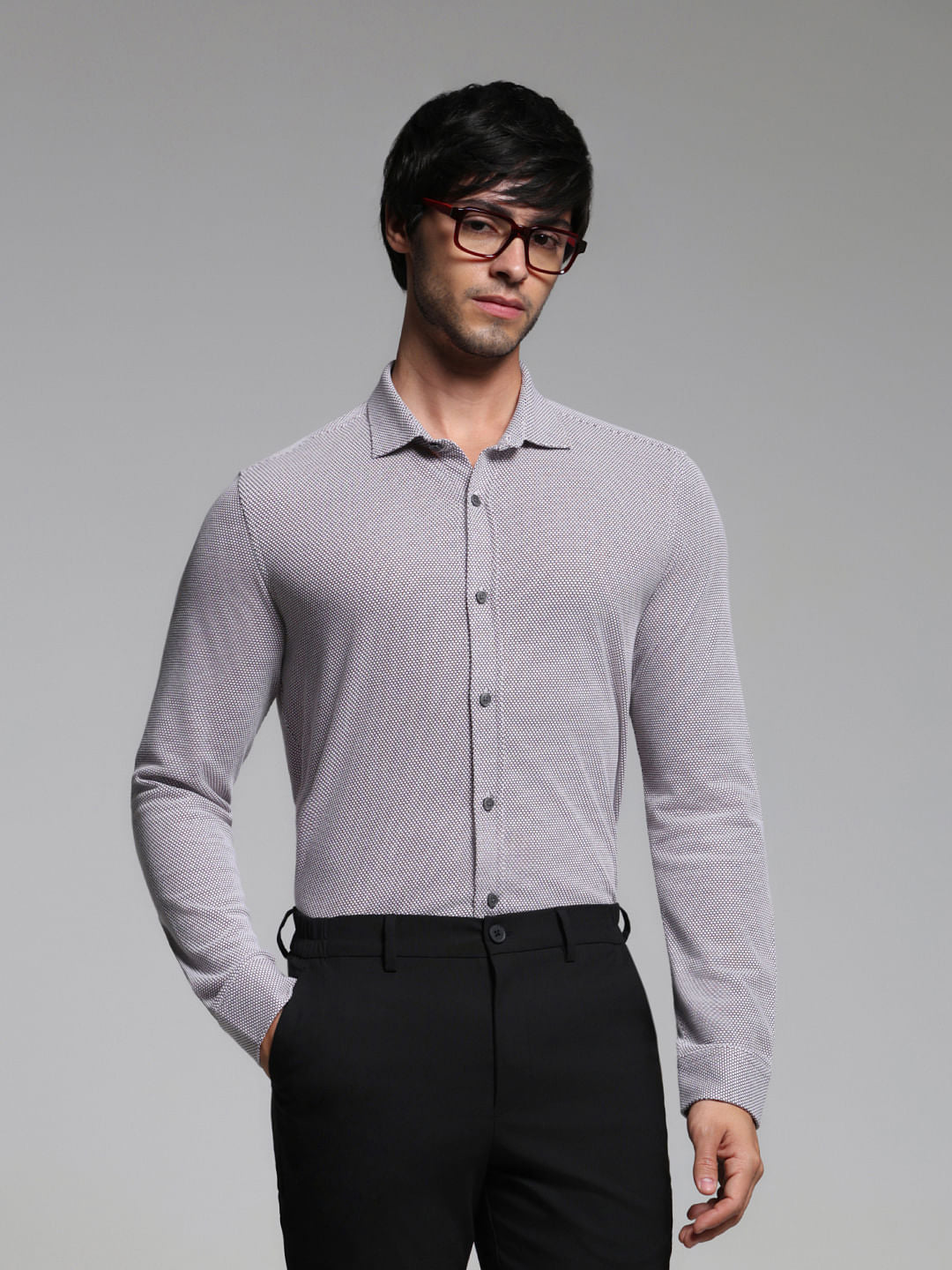 Burgundy Dobby Full Sleeves Shirt - S