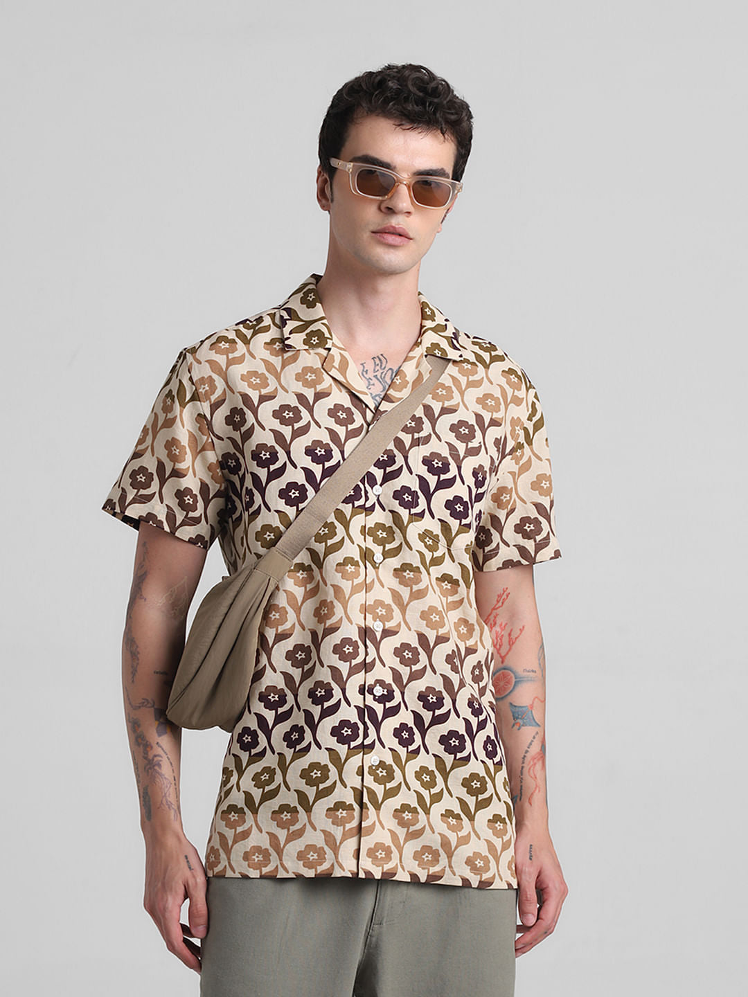 Beige Printed Short Sleeves Shirt - S