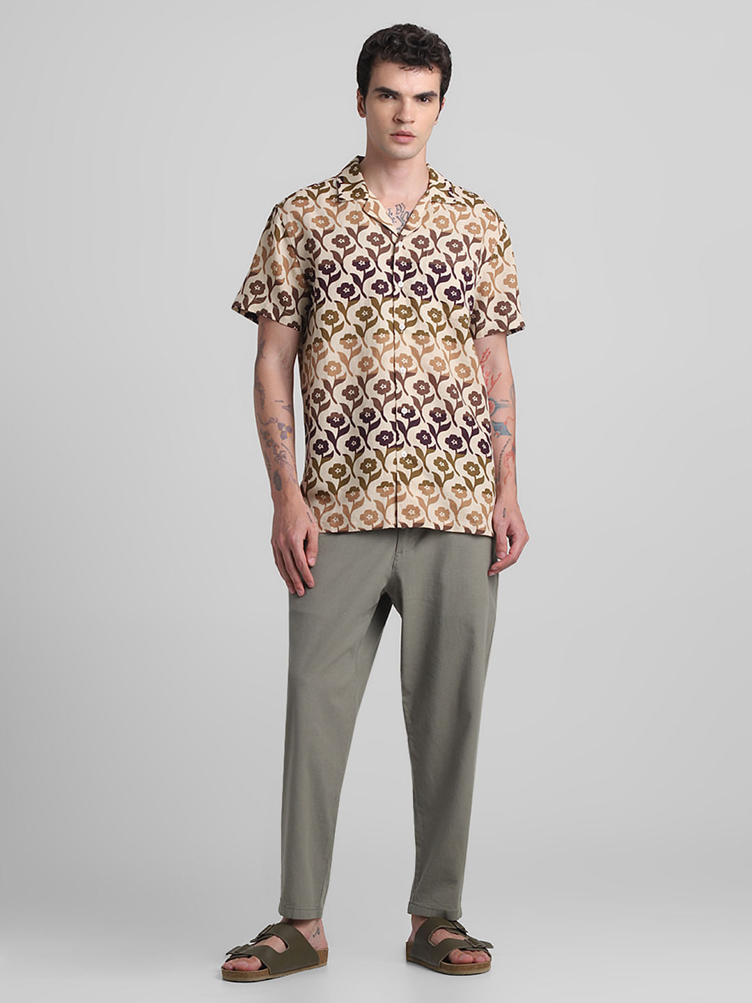 Beige Printed Short Sleeves Shirt