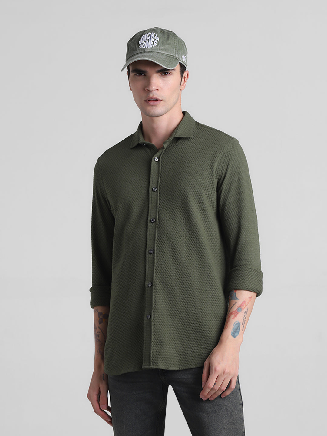 Olive Dobby Full Sleeves Shirt - L