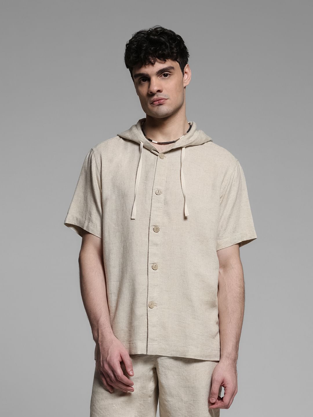 Beige Hooded Co-ord Set Shirt - S