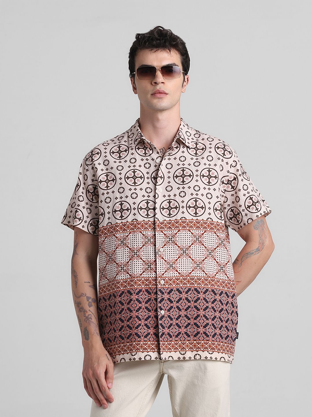 Beige Abstract Print Short Sleeves Shirt - S