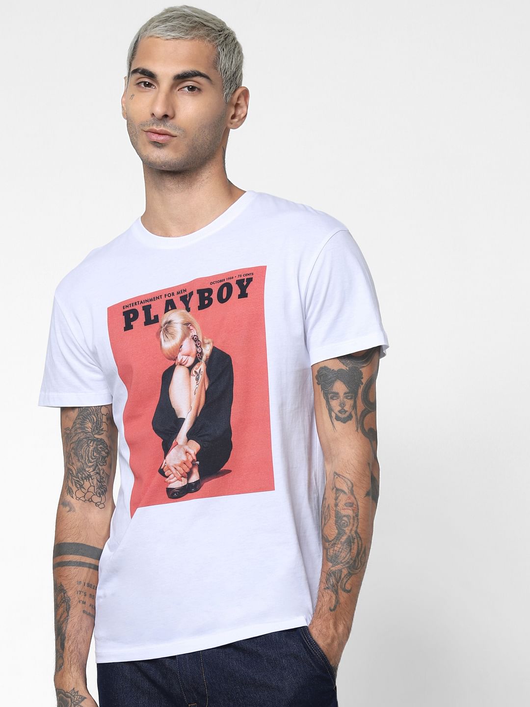 X Playboy White Graphic Print Crew Neck T-Shirt