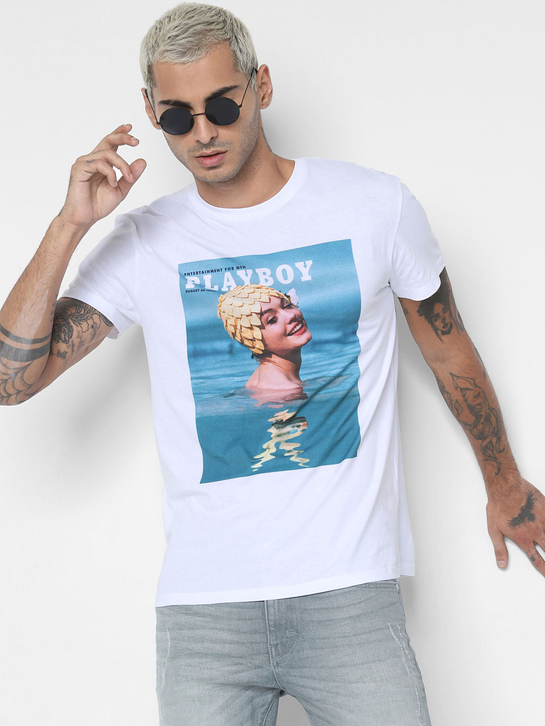 X Playboy White Chest Print Crew Neck T-Shirt - XXS