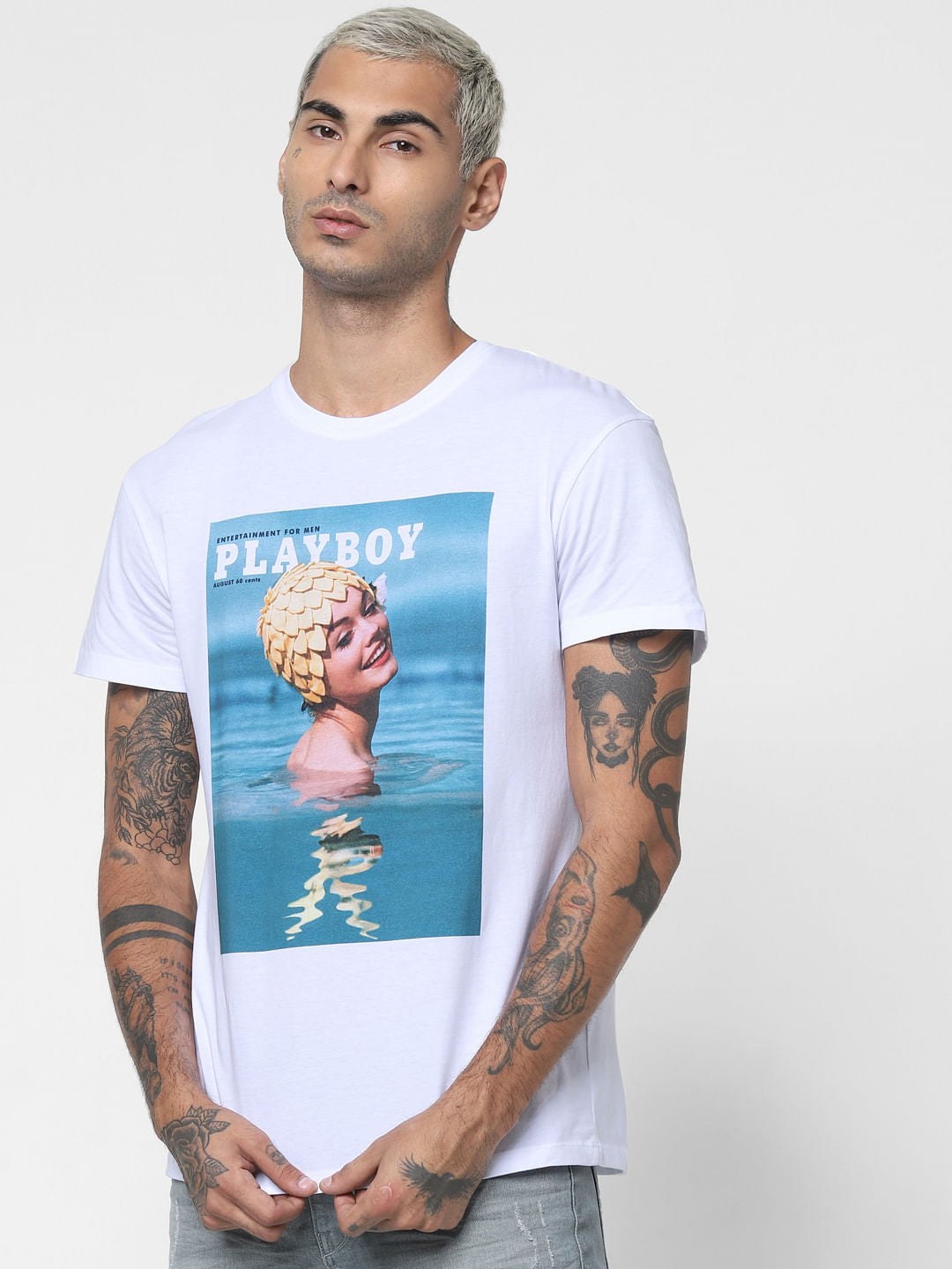 X Playboy White Chest Print Crew Neck T-Shirt