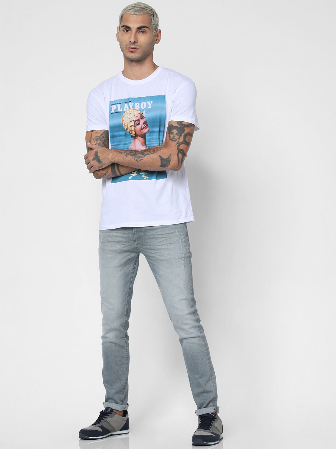 X Playboy White Chest Print Crew Neck T-Shirt