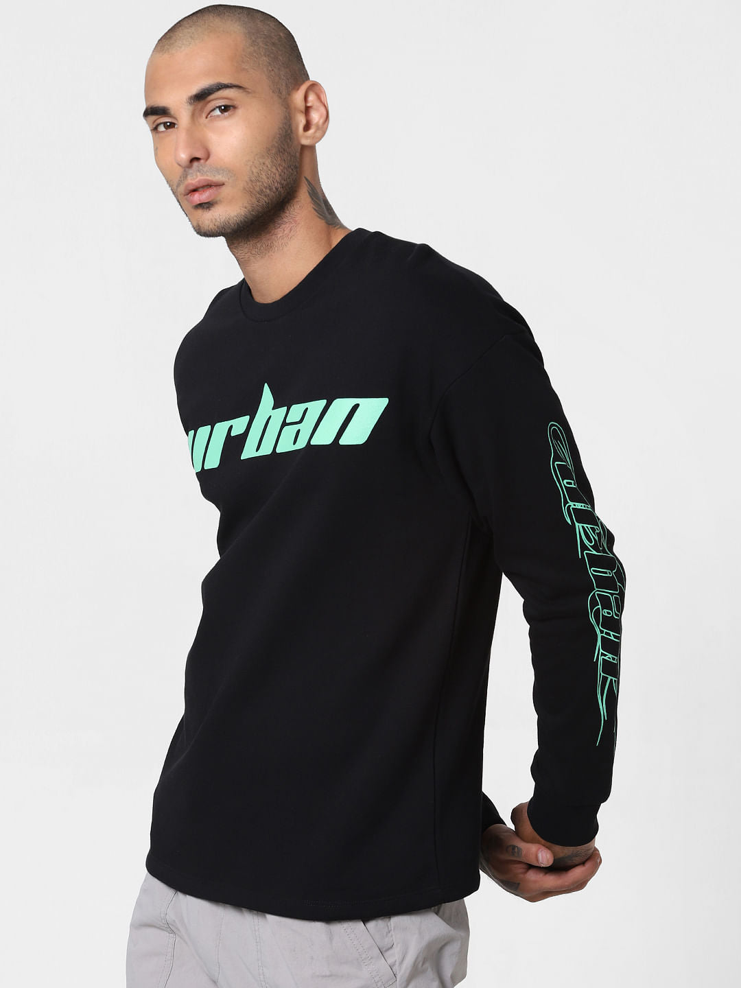 Black Text Print Crew Neck T-shirt