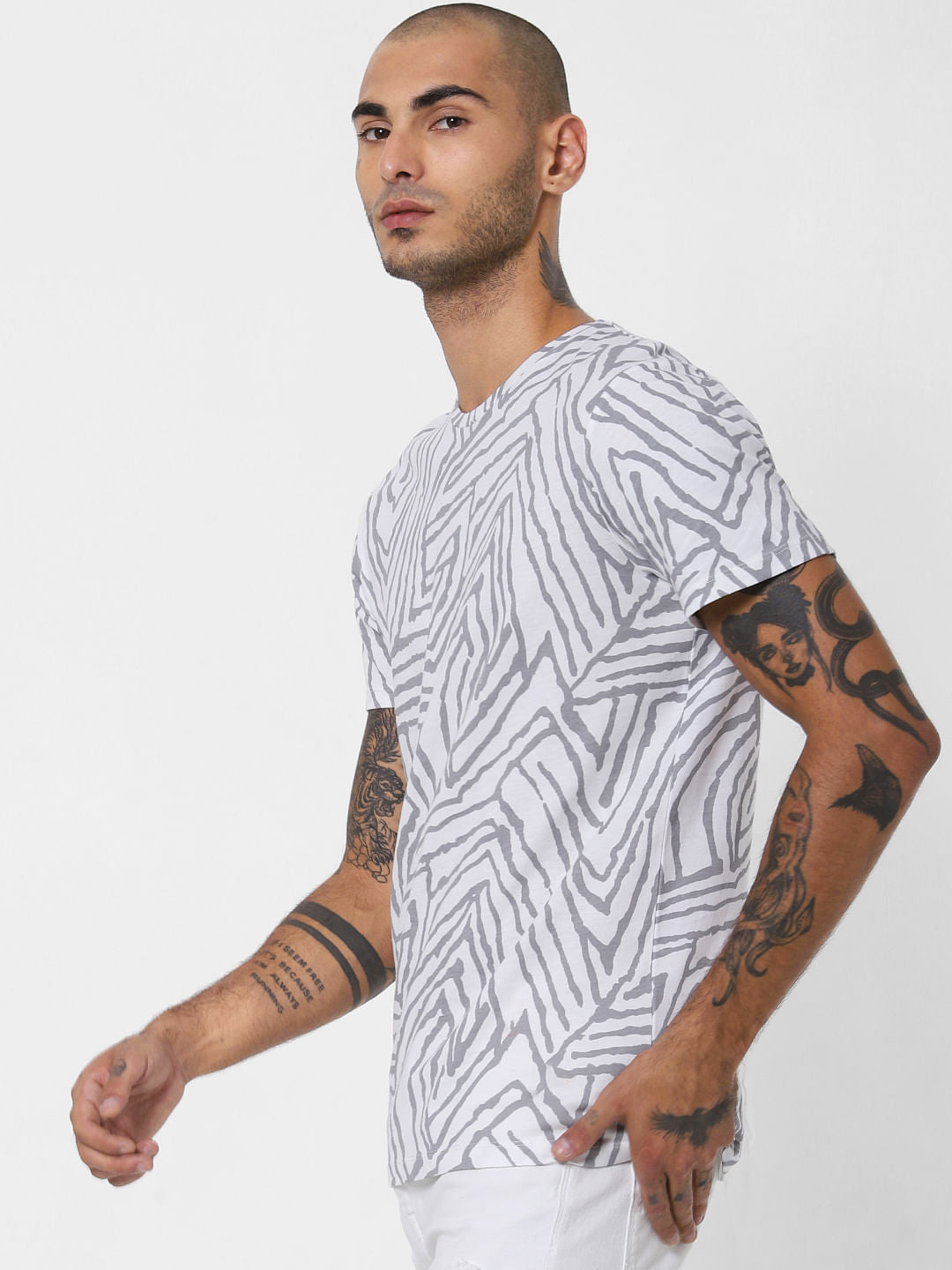 White All Over Print Crew Neck T-shirt