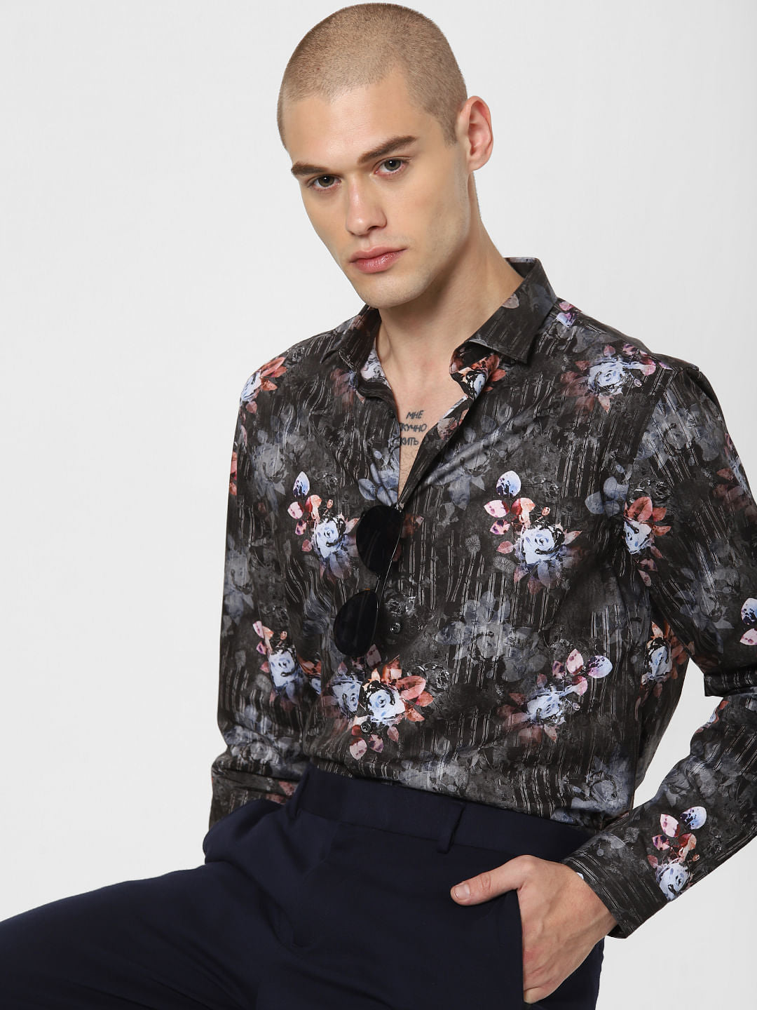 Dark Grey Floral Print Full Sleeves Shirt - S
