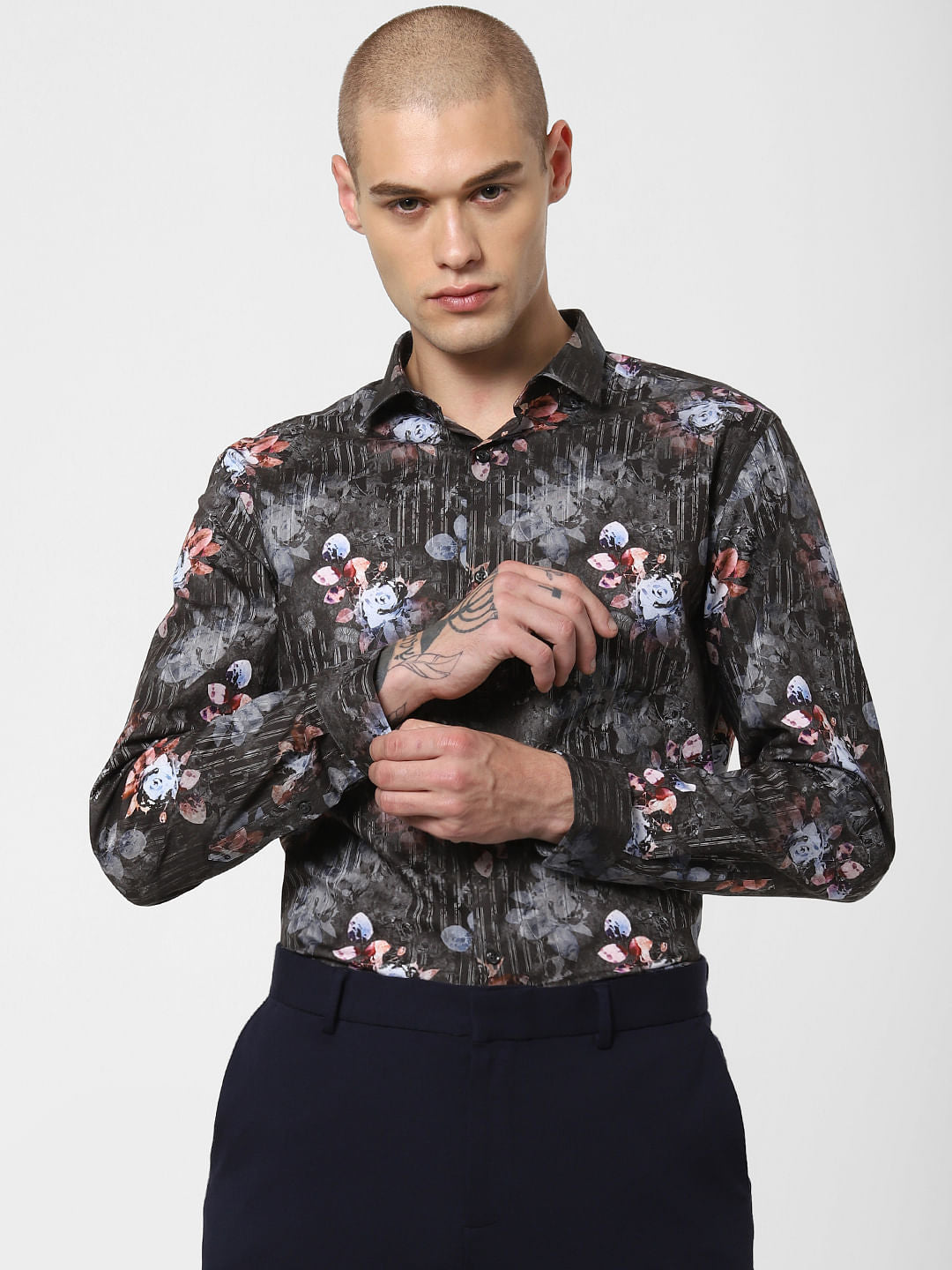 Dark Grey Floral Print Full Sleeves Shirt