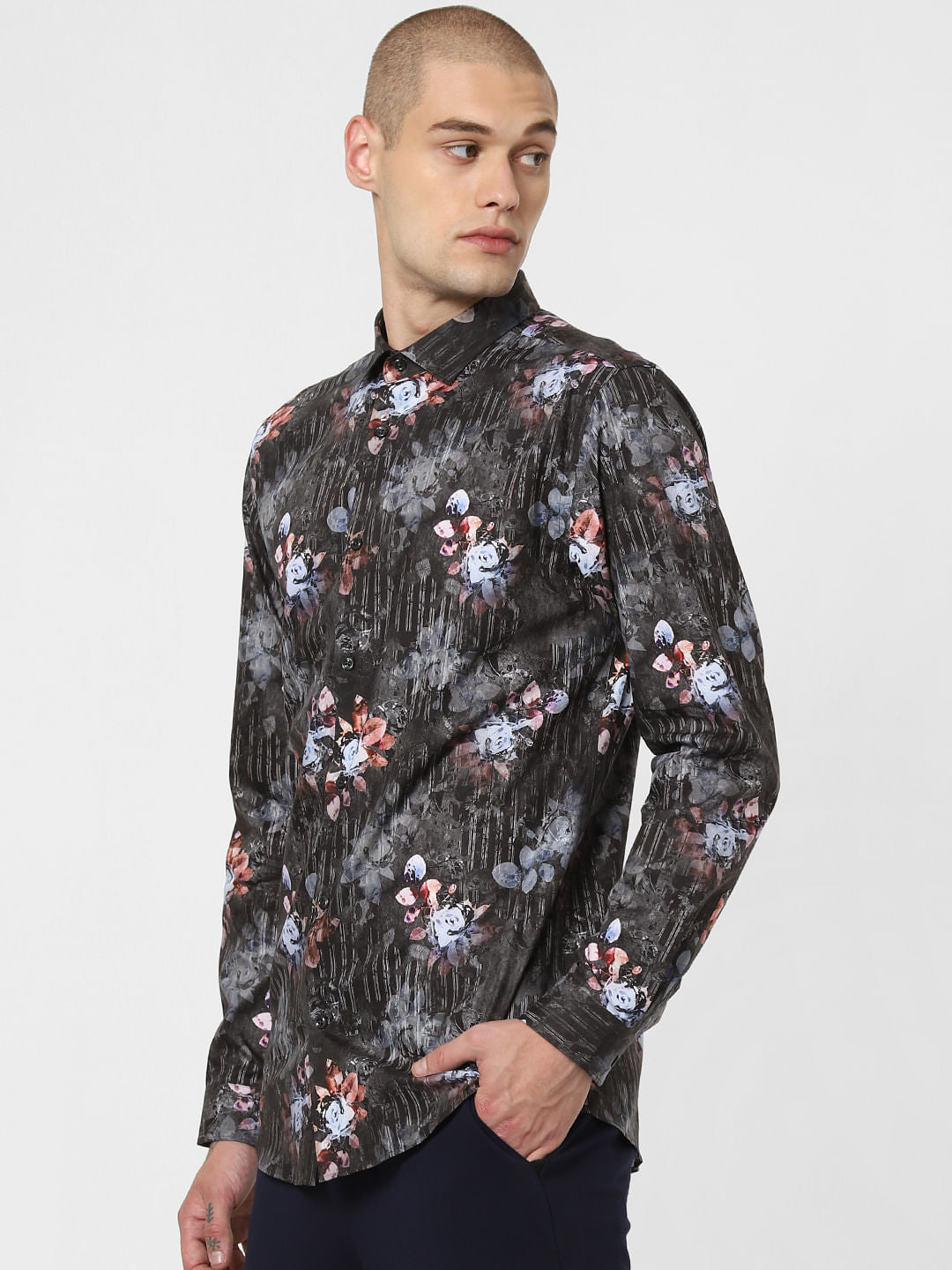 Dark Grey Floral Print Full Sleeves Shirt