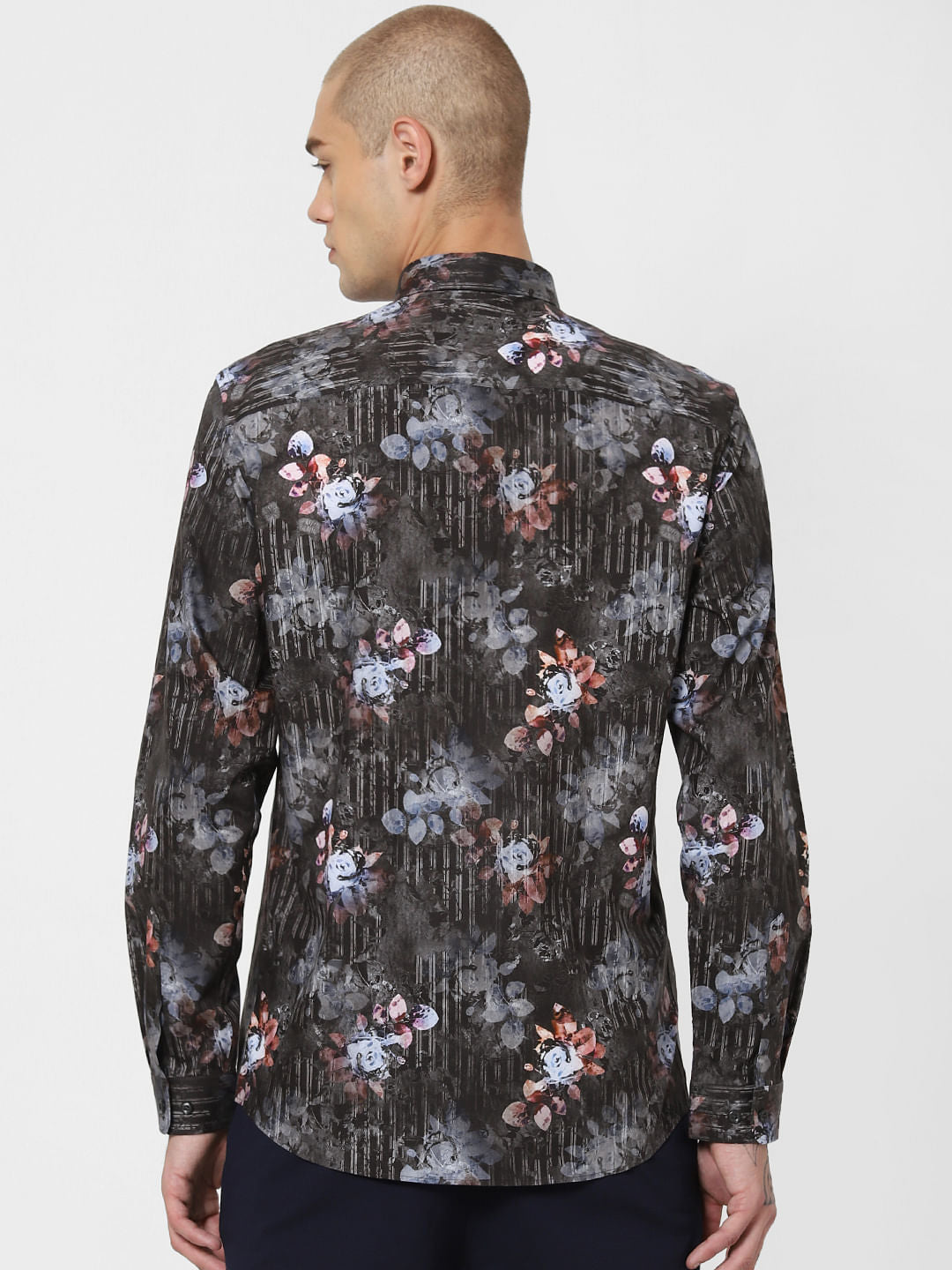 Dark Grey Floral Print Full Sleeves Shirt