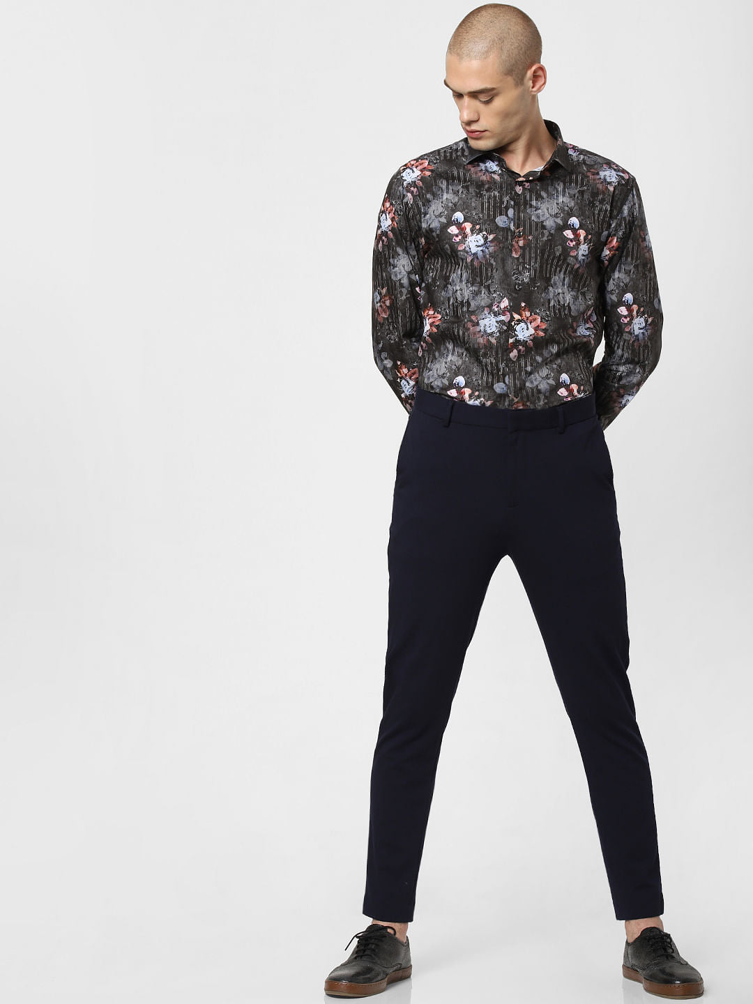 Dark Grey Floral Print Full Sleeves Shirt
