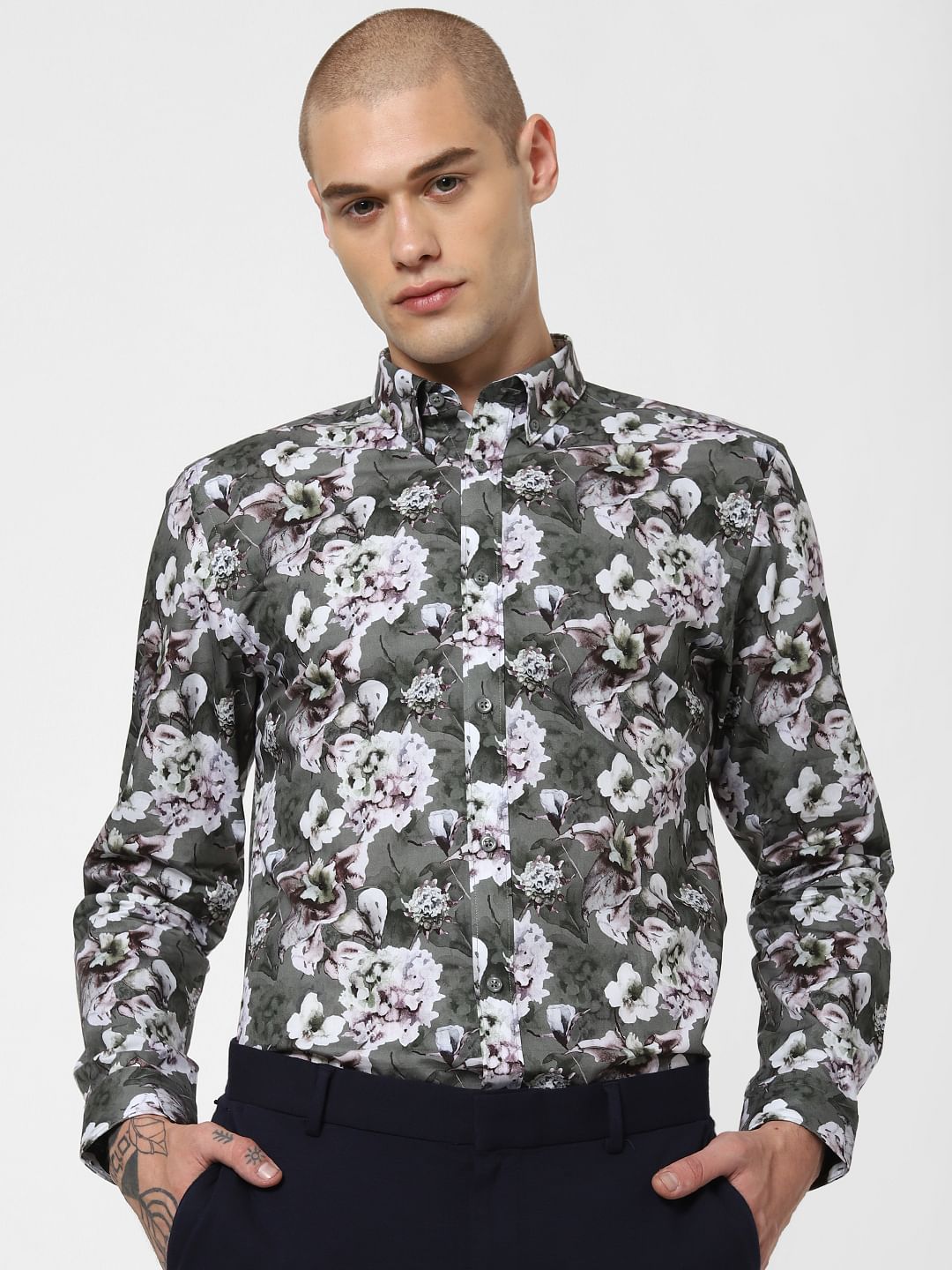 Green Floral Print Full Sleeves Shirt