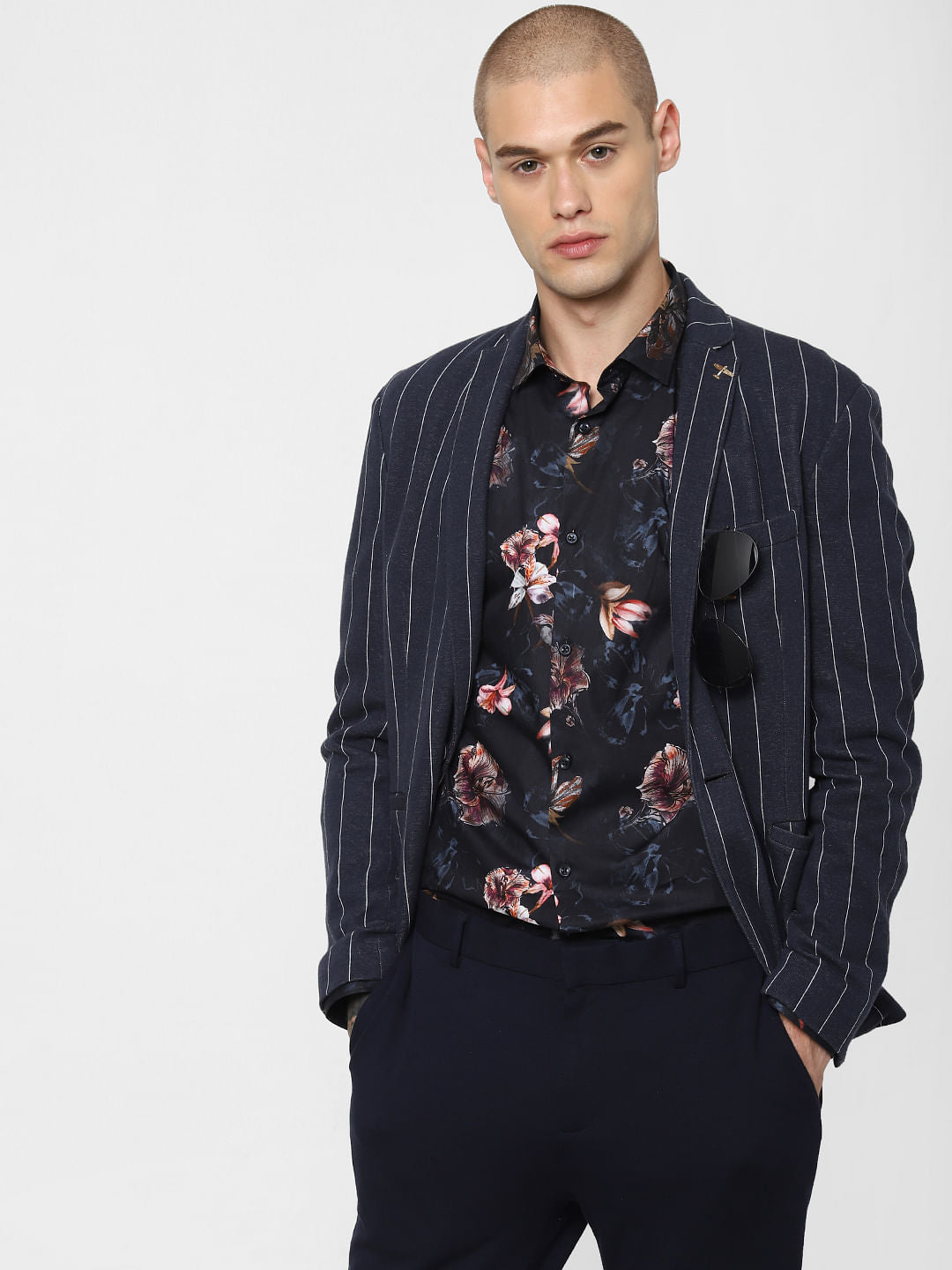 Navy Blue Floral Print Full Sleeves Shirt