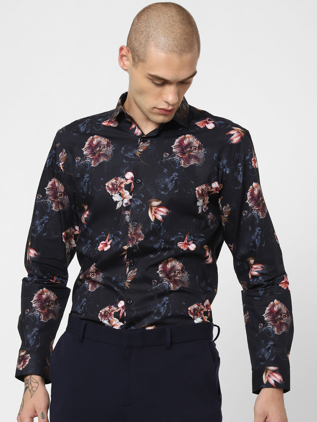 Navy Blue Floral Print Full Sleeves Shirt