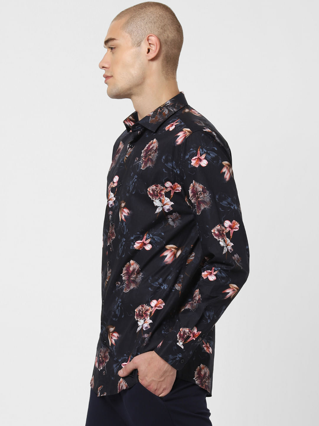 Navy Blue Floral Print Full Sleeves Shirt