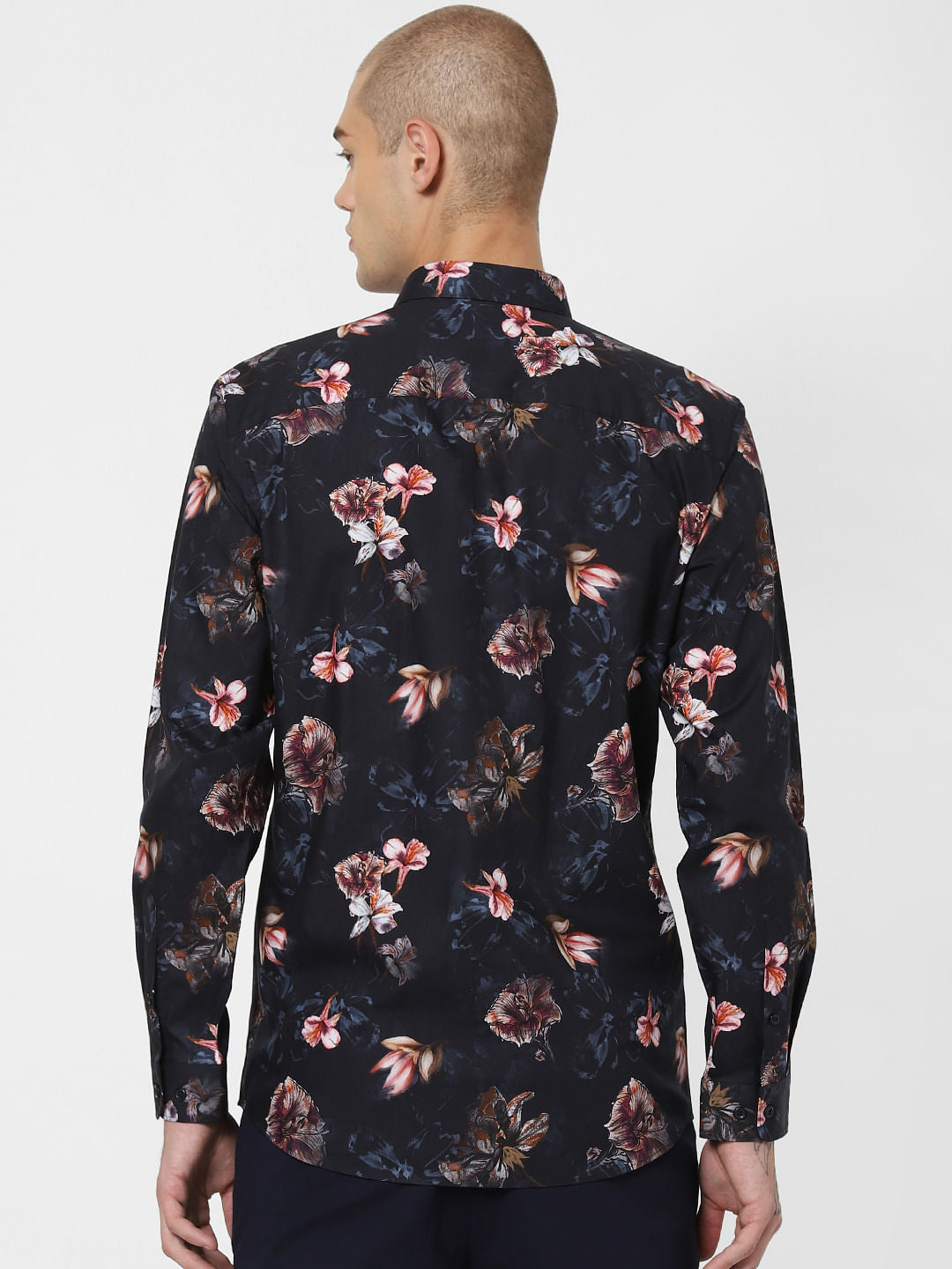 Navy Blue Floral Print Full Sleeves Shirt