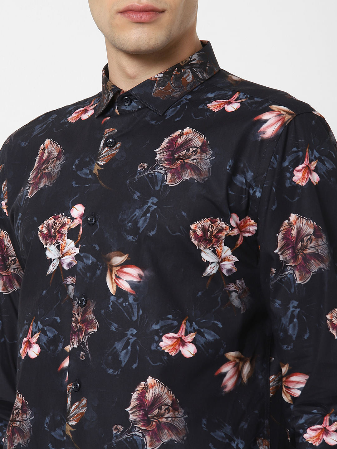 Navy Blue Floral Print Full Sleeves Shirt