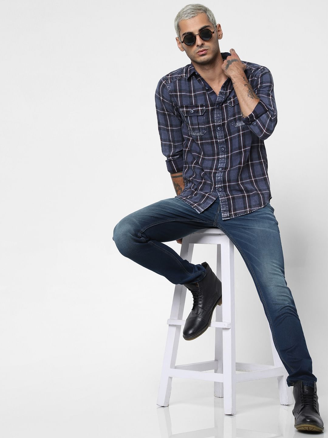 Dark Blue Check Denim Full Sleeves Shirt - S