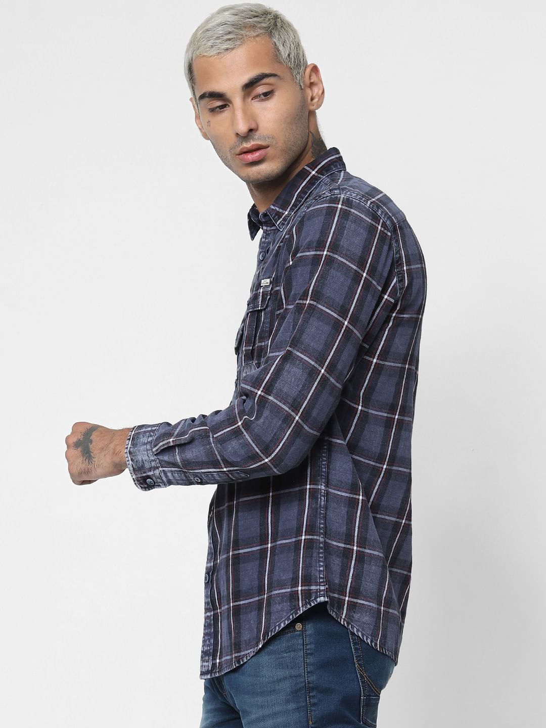 Dark Blue Check Denim Full Sleeves Shirt