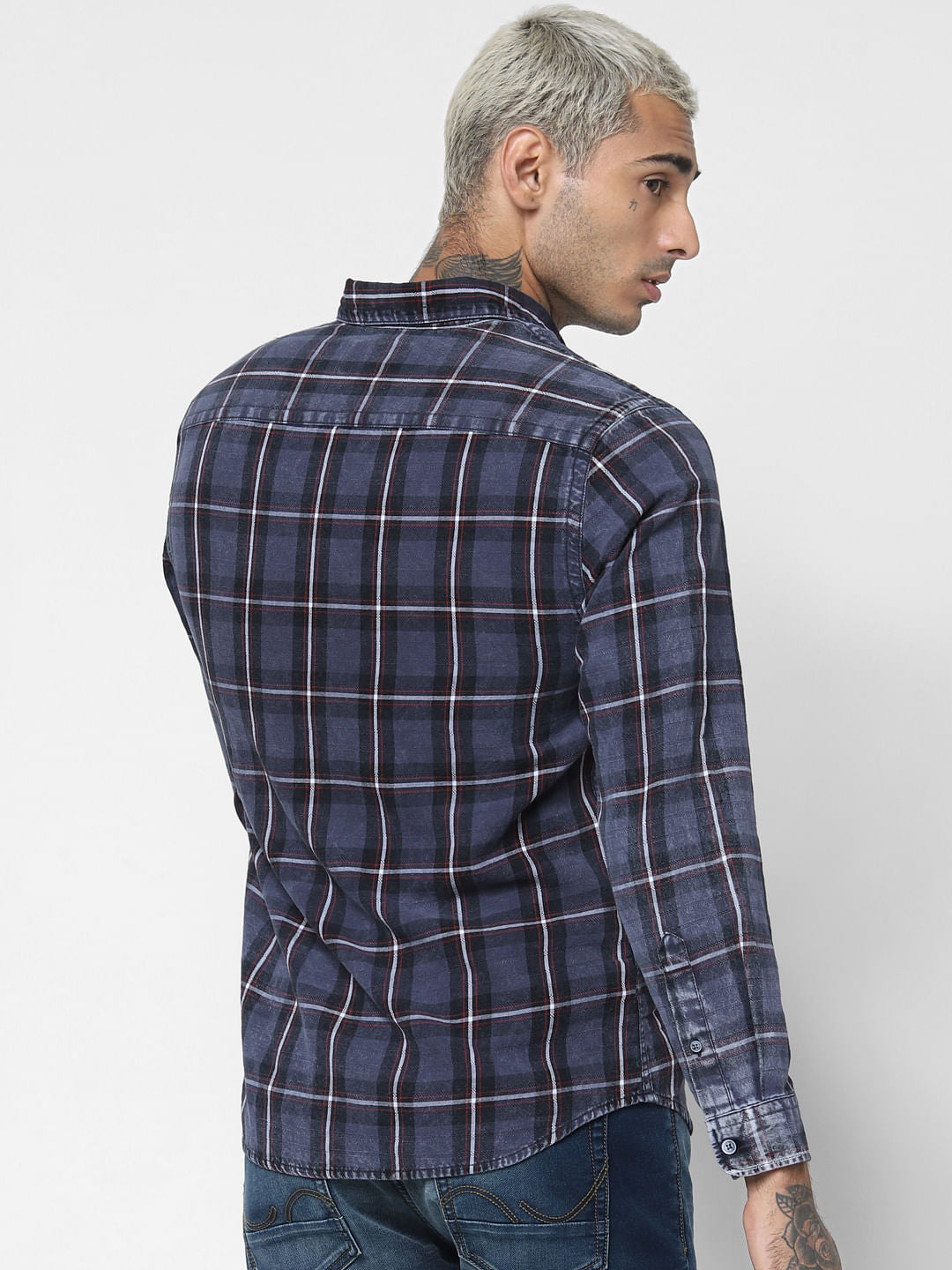 Dark Blue Check Denim Full Sleeves Shirt