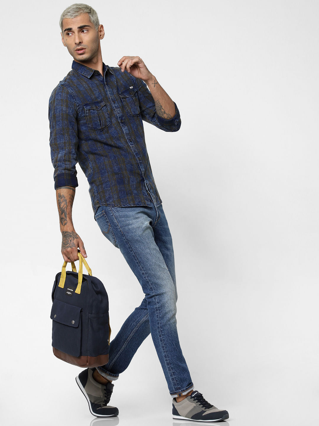 Dark Brown Check Denim Full Sleeves Shirt - S