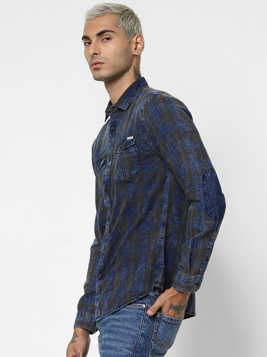 Dark Brown Check Denim Full Sleeves Shirt