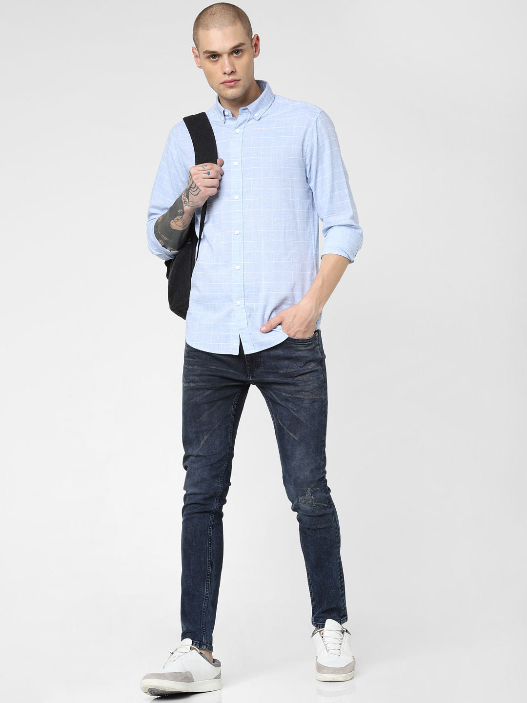 Light Blue Check Print Full Sleeves Shirt - S