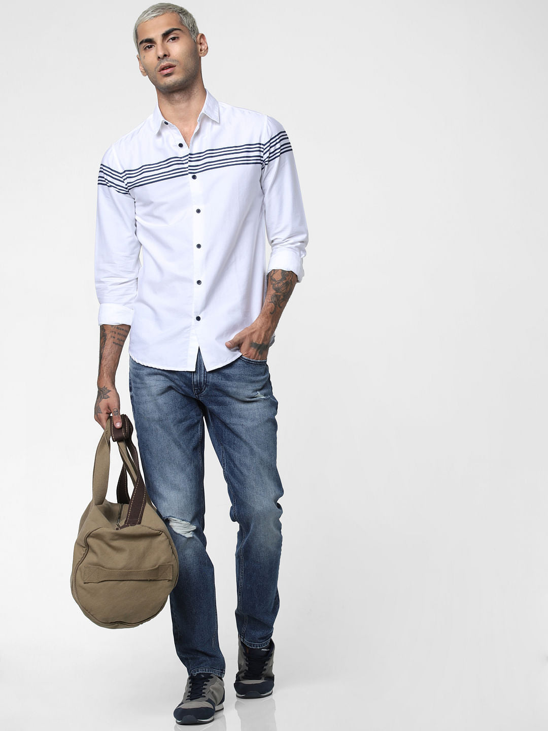 White Striped Patch Full Sleeves Shirt - S