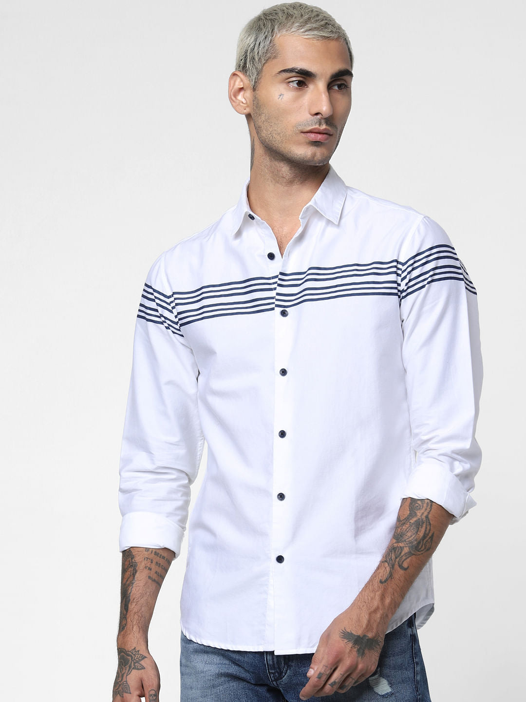 White Striped Patch Full Sleeves Shirt