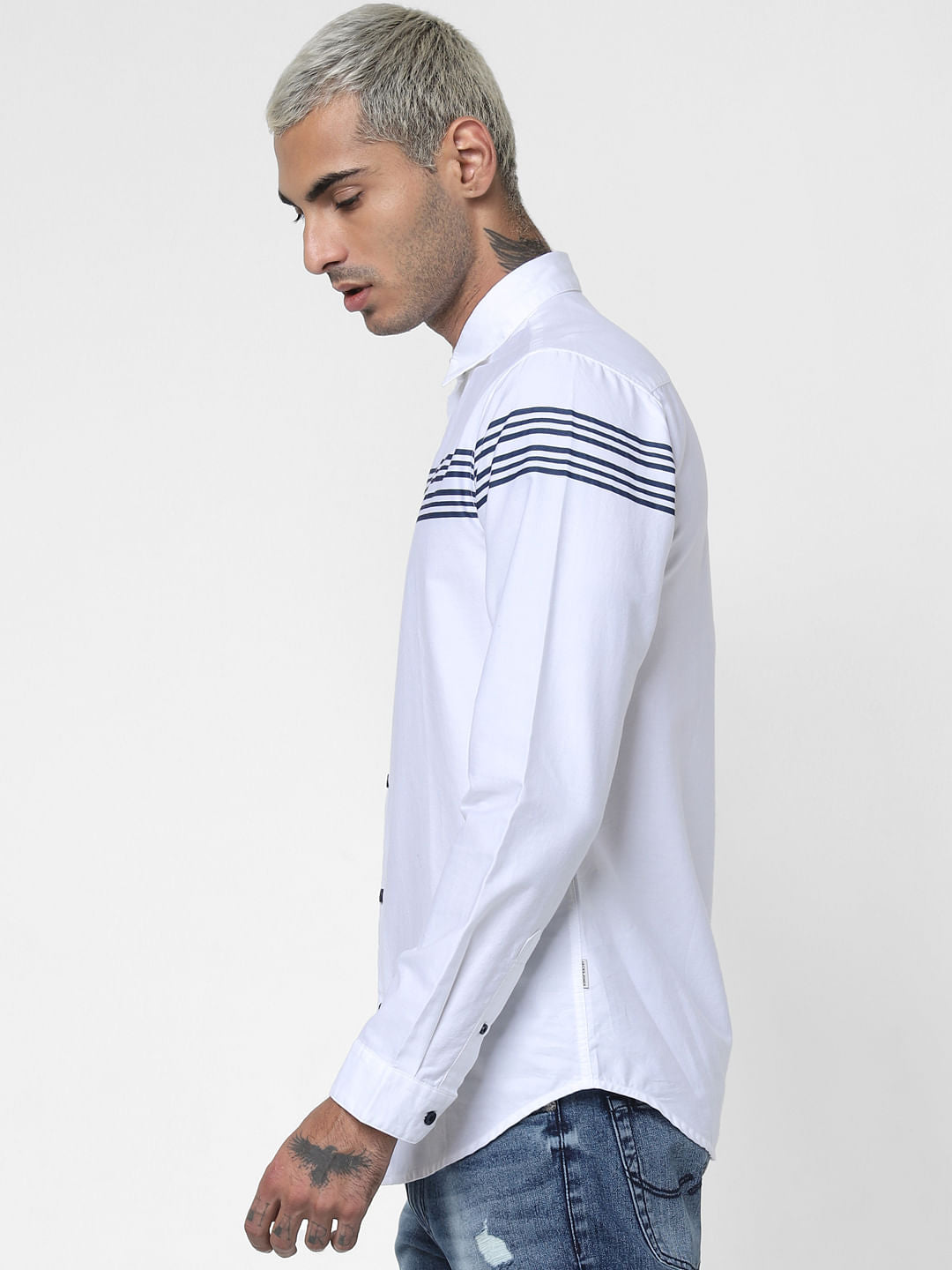 White Striped Patch Full Sleeves Shirt
