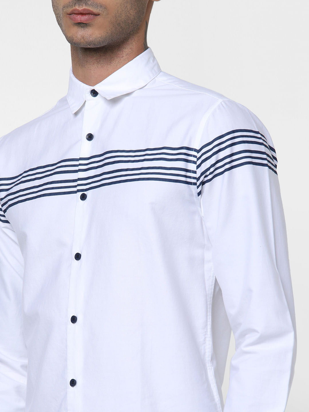 White Striped Patch Full Sleeves Shirt