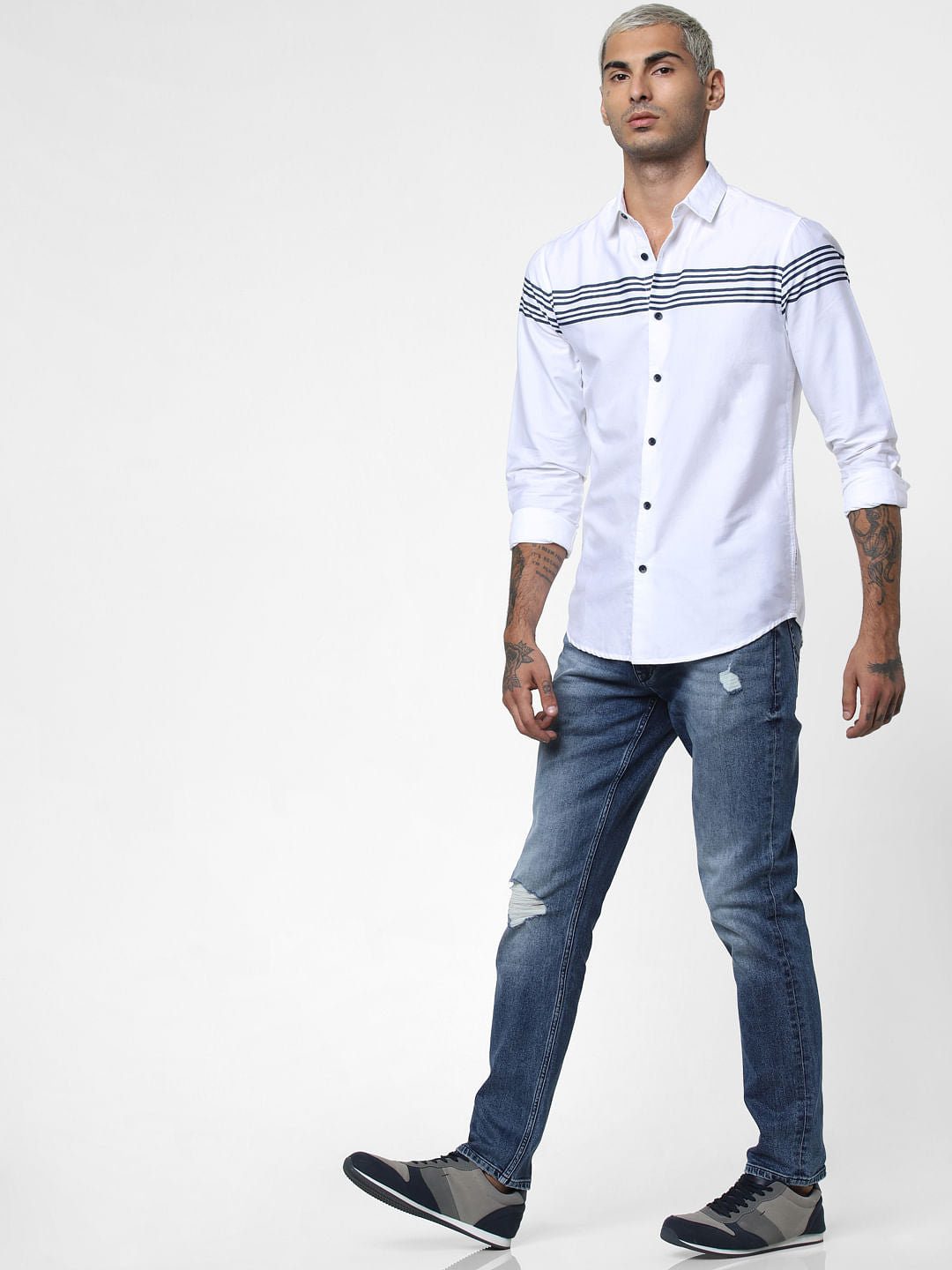 White Striped Patch Full Sleeves Shirt