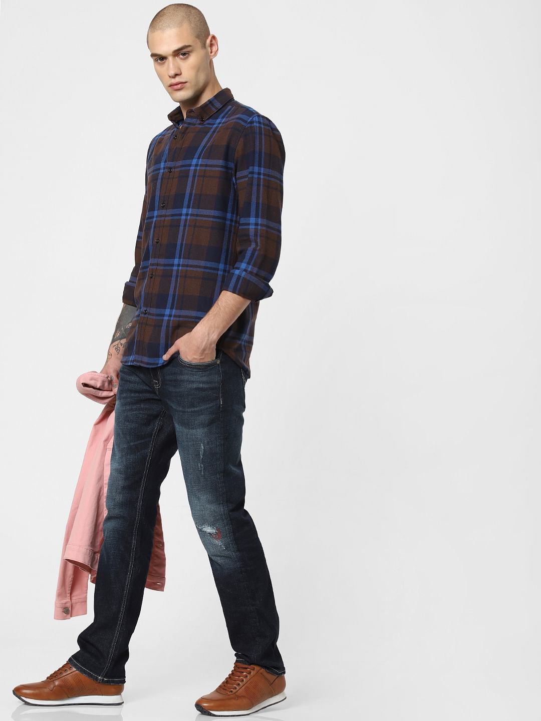 Navy Blue Check Full Sleeves Shirt - S