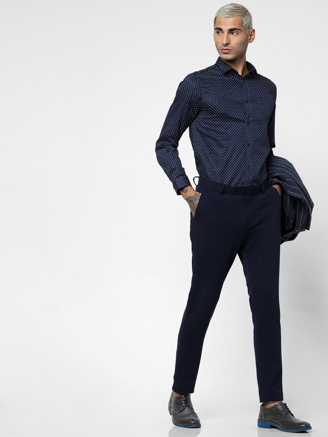 Navy Blue All Over Print Full Sleeves Shirt - S