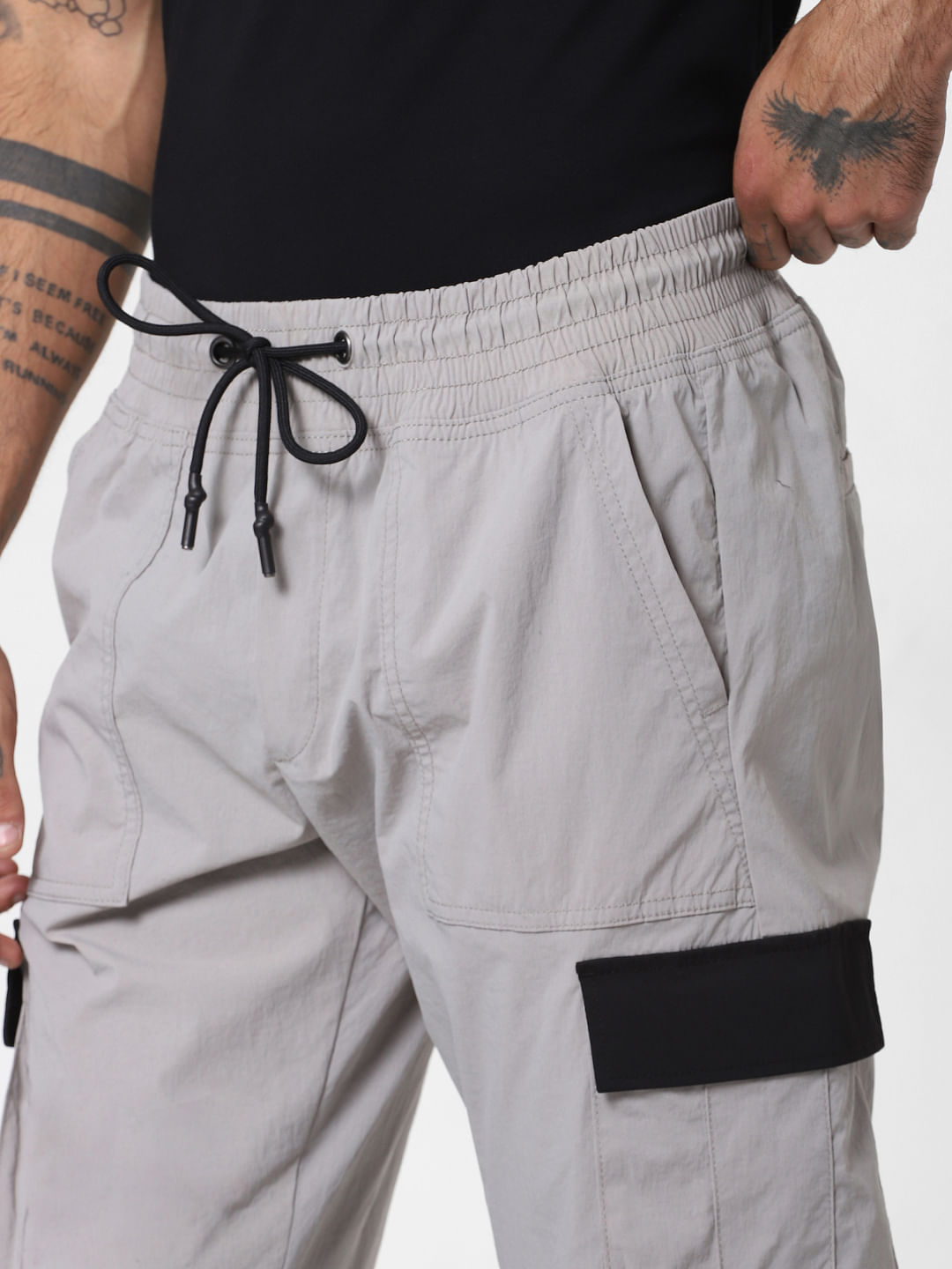 Grey Mid Rise Colourblocked Cargo Pants