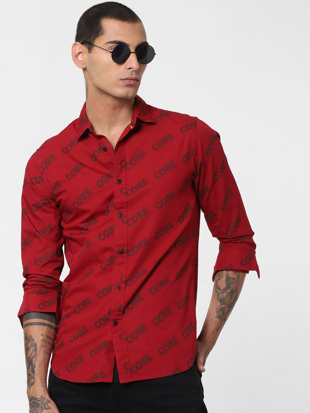 Red All Over Print Full Sleeves Shirt - S