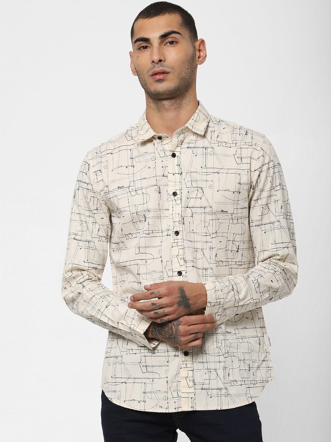 Cream All Over Print Full Sleeves Shirt - S