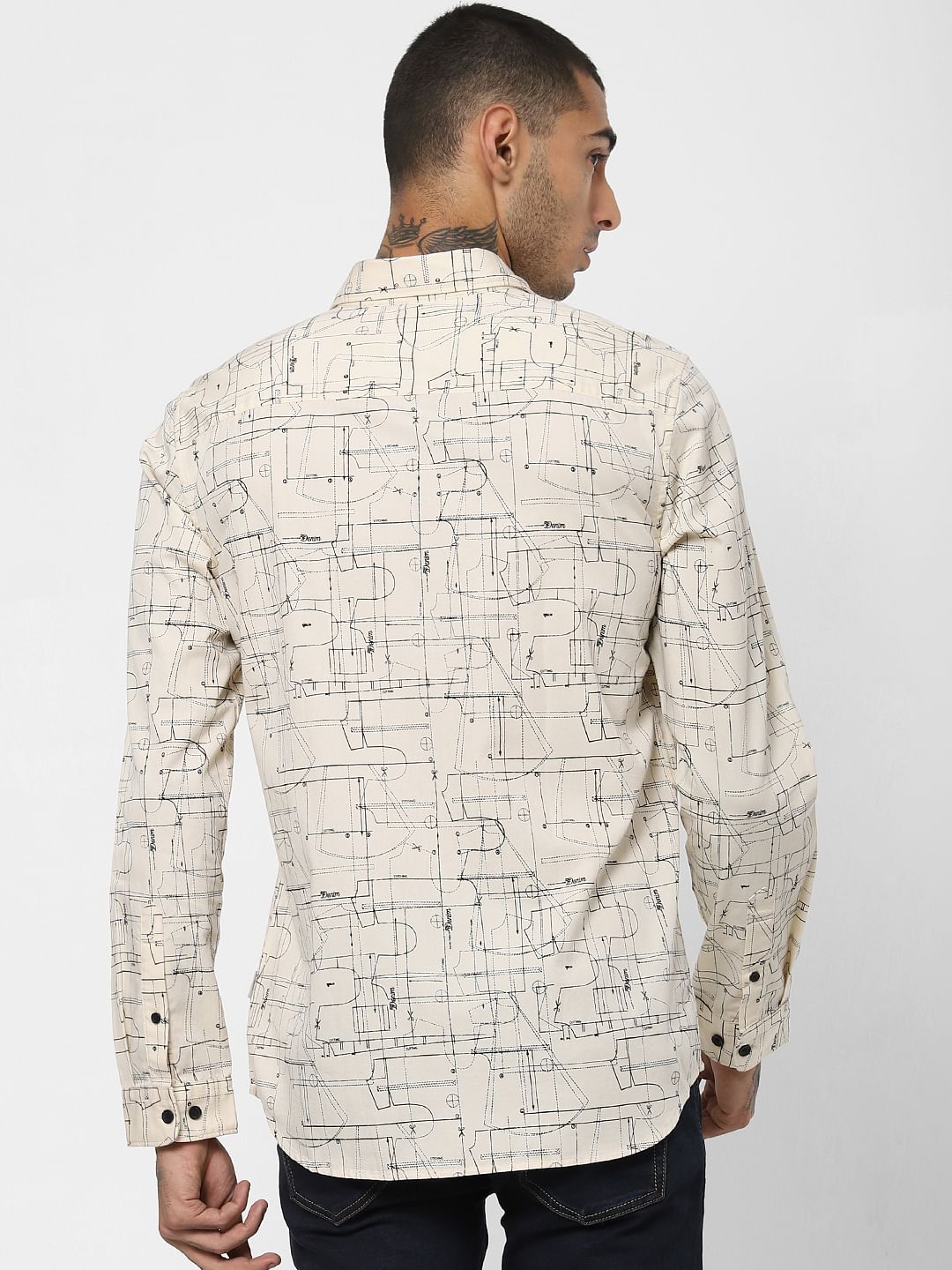 Cream All Over Print Full Sleeves Shirt