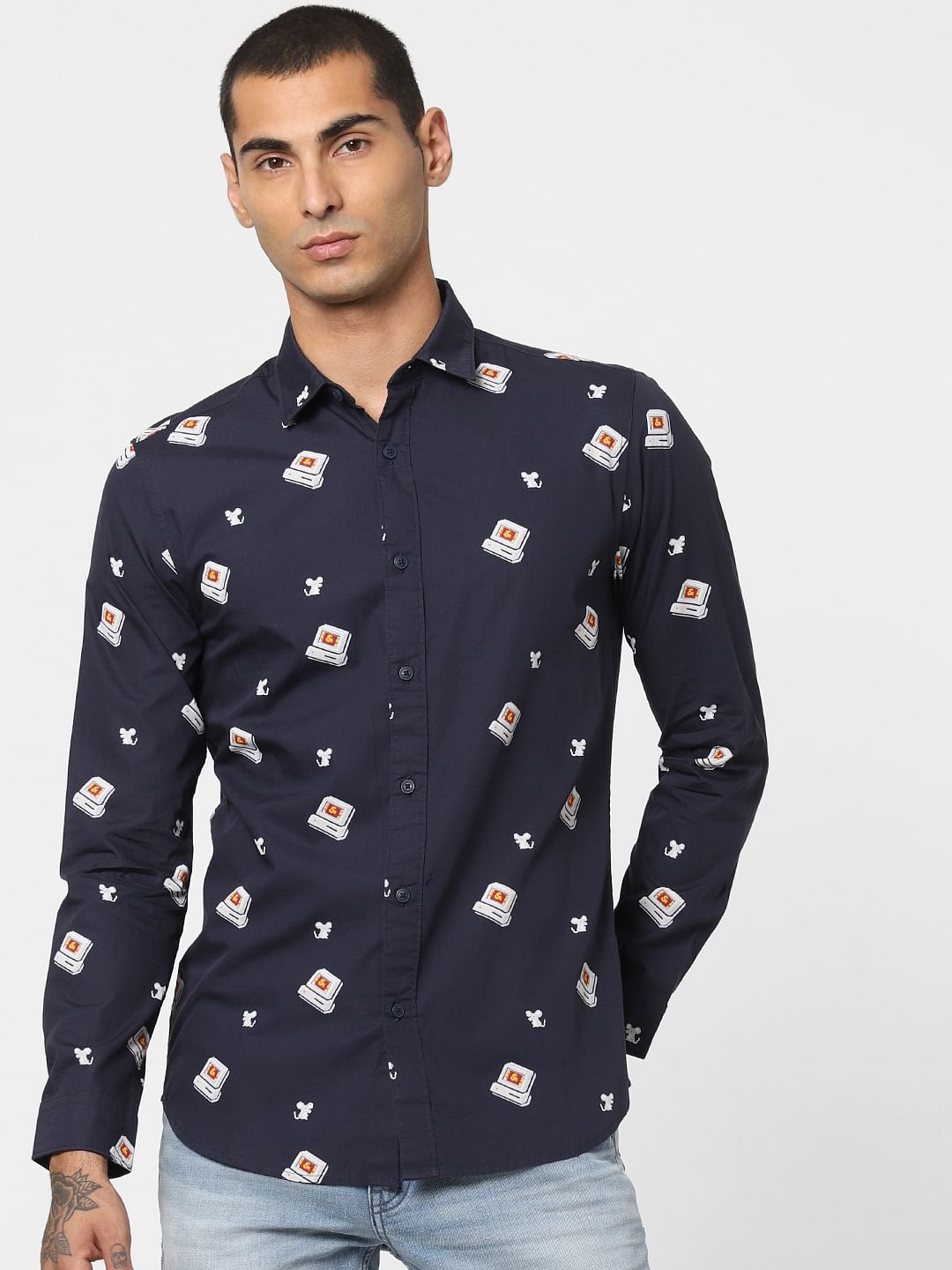 Navy Blue All Over Print Full Sleeves Shirt