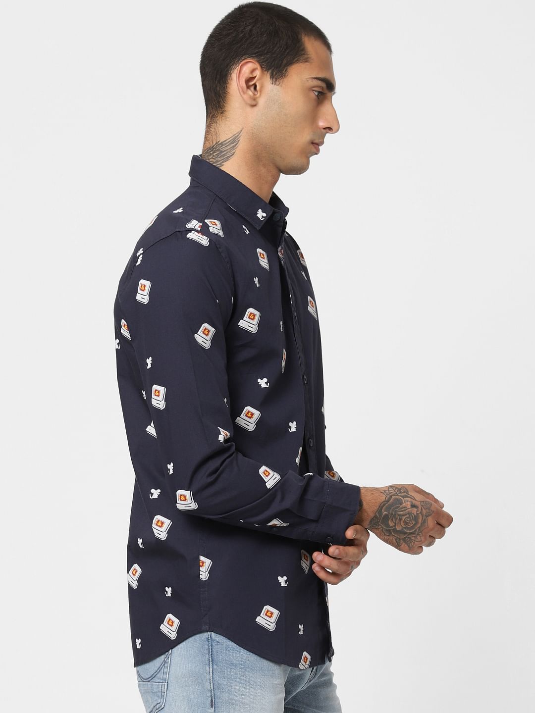 Navy Blue All Over Print Full Sleeves Shirt