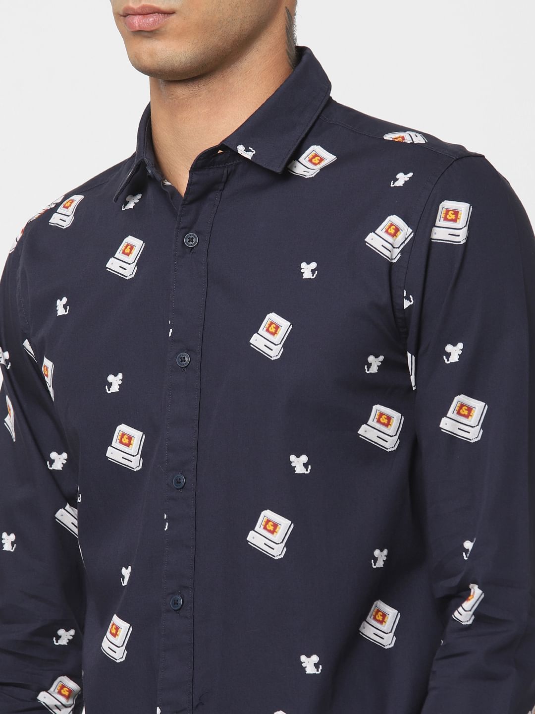 Navy Blue All Over Print Full Sleeves Shirt