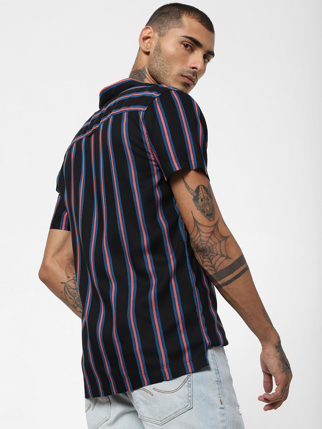Black Striped Short Sleeves Shirt - S