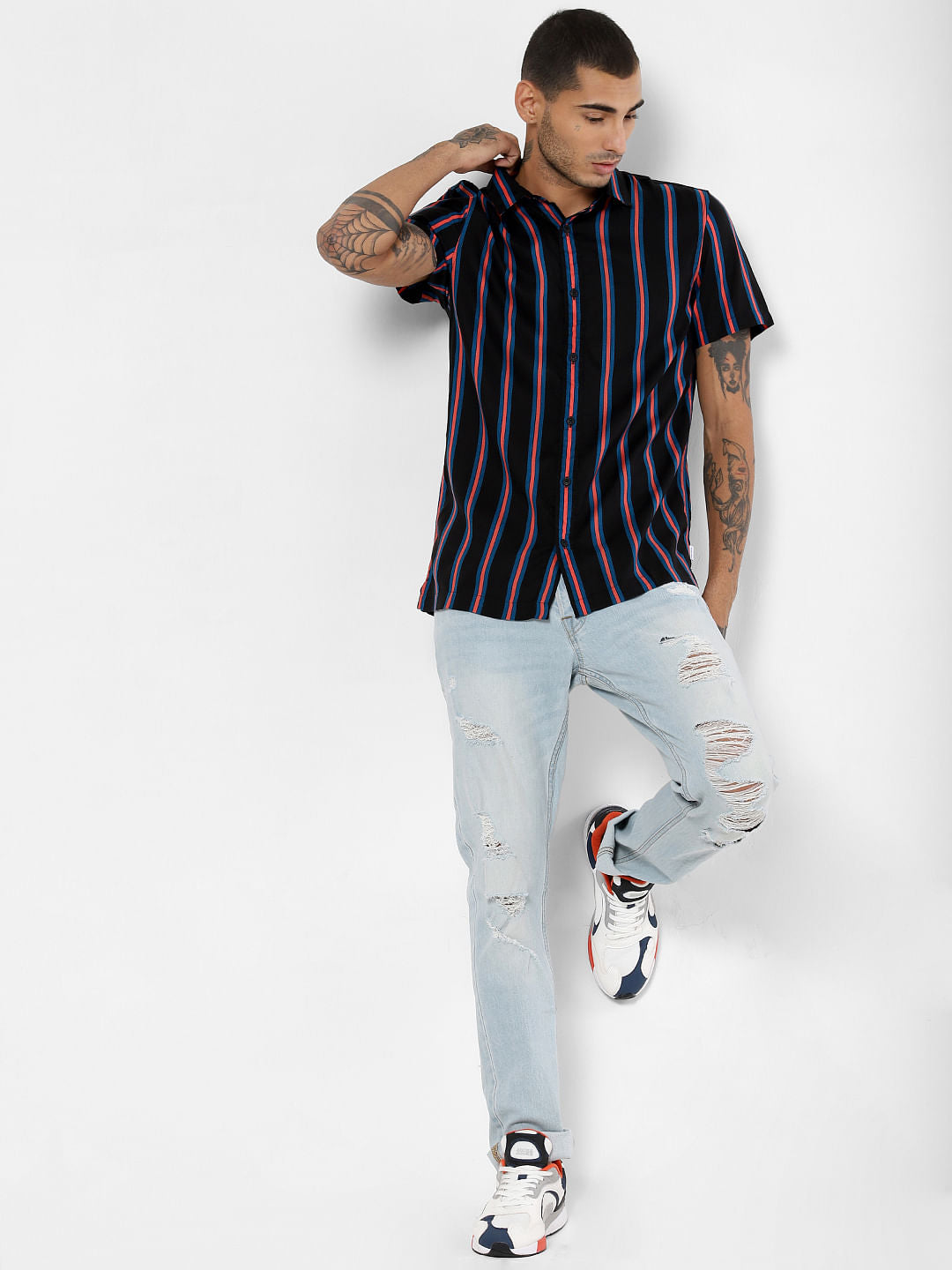 Black Striped Short Sleeves Shirt