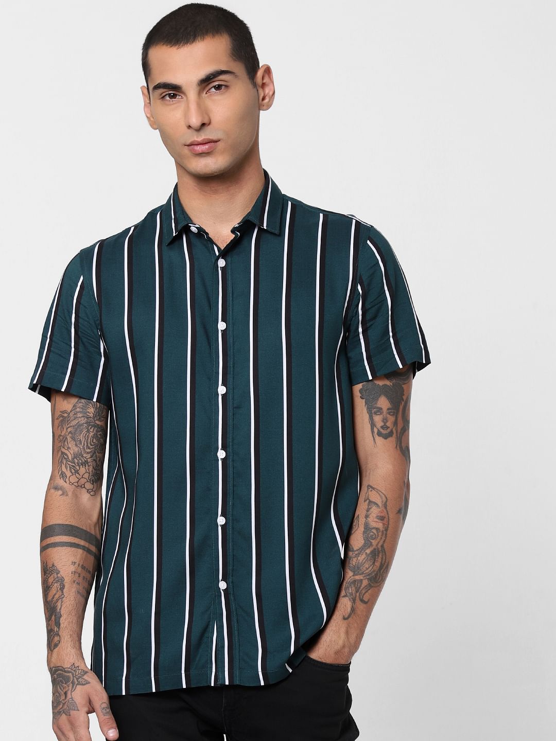 Green Striped Short Sleeves Shirt