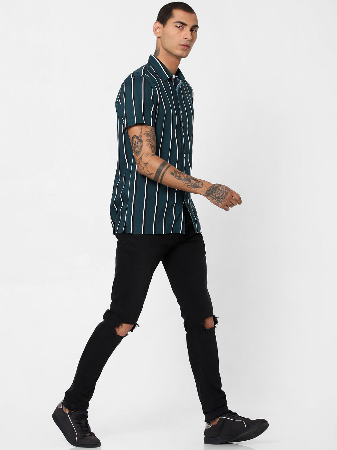Green Striped Short Sleeves Shirt