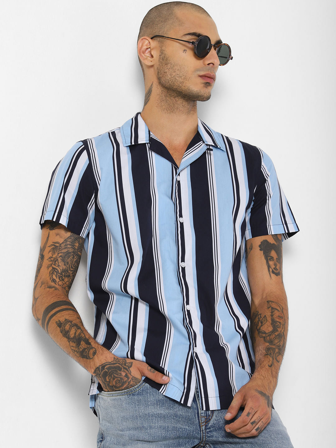 Blue Striped Short Sleeves Shirt - S
