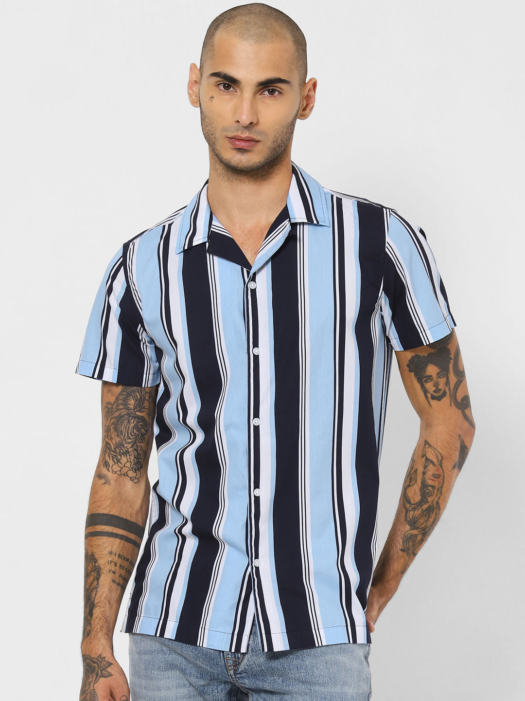 Blue Striped Short Sleeves Shirt