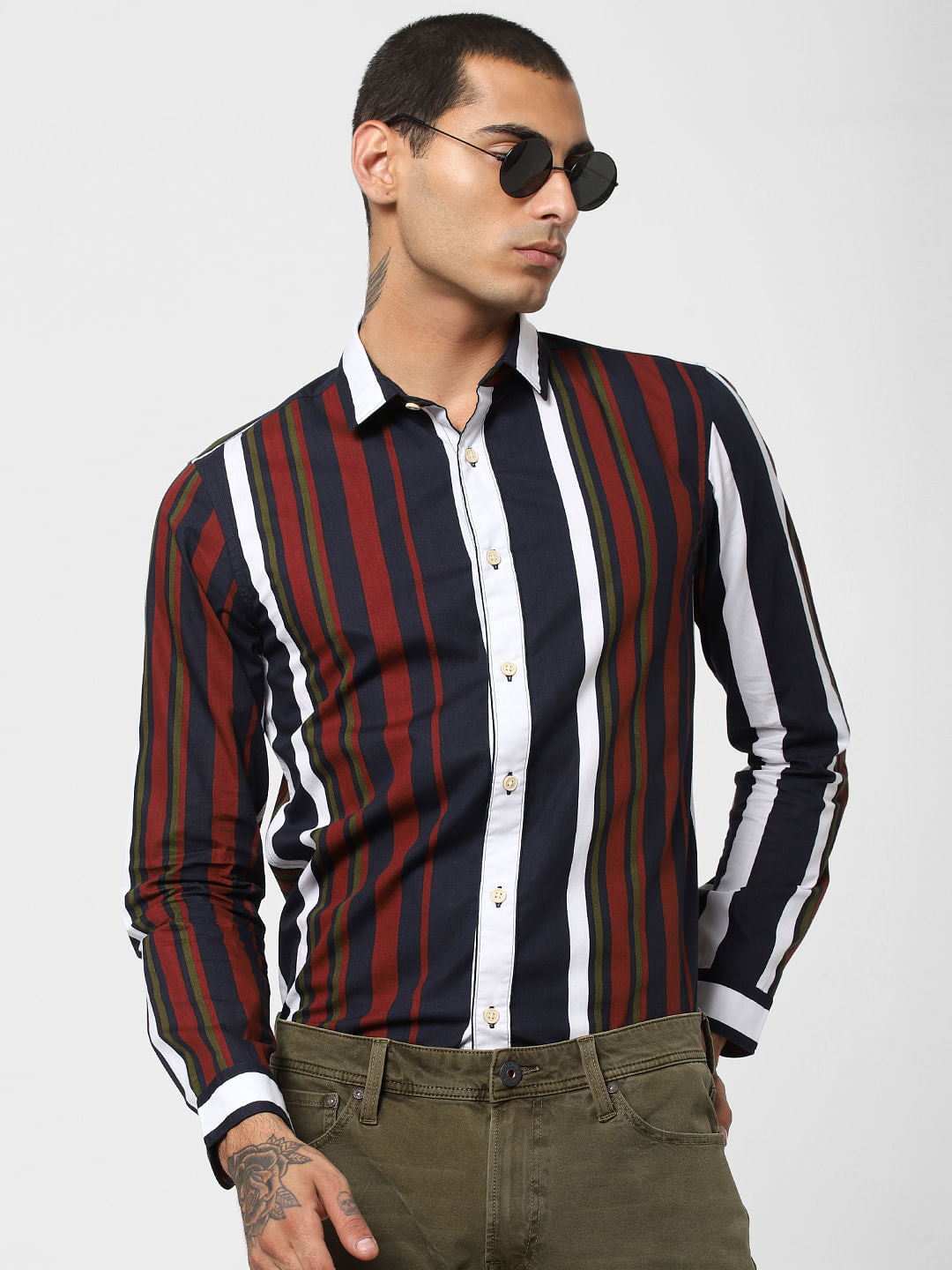 Navy Blue Striped Full Sleeves Shirt - S